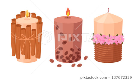 Cartoon decorated candles. Wax candles, natural ingredients cozy aroma candles flat vector illustration set. Candles decor isolated on white background 137672339