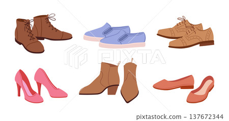 Cartoon shoes. Modern footwear, boots, ankle boots and heels, casual women and men footwear flat vector illustrations set. Fashionable footwear isolated on white 137672344