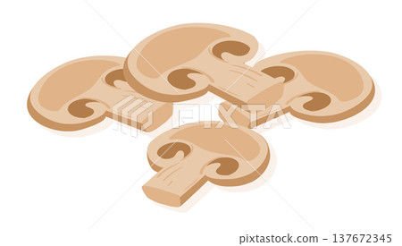 Cartoon sliced mushroom. Delicious champignon for burger or sandwich, fast food ingredient flat vector illustration. Sliced champignon shroom isolated on white Cartoon sliced mushroom. Delicious champignon for burger or sandwich, fast food ingredient flat vector illustration. Sliced champignon shroom isolated on white 137672345