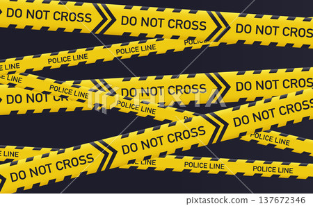 Caution yellow danger tapes. Police crossed yellow lines, police danger line and security area flat vector background illustration. Crime barrier pattern 137672346