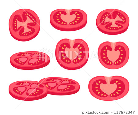 Chopped tomatoes. Red vegetable slices, ripe tomato halves, slices and pieces, fresh red tomatoes with yellow seeds flat vector illustration set. Cartoon tomato isolated collection Chopped tomatoes. Red vegetable slices, ripe tomato halves, slices and pieces, fresh red tomatoes with yellow seeds flat vector illustration set. Cartoon tomato isolated collection 137672347