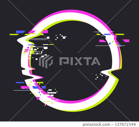 Digital distortion circle border. Abstract glitch round frame, pixelated bad tv signal glitch effect flat vector illustration. Isolated noise glitch border frame 137672349