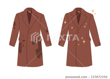 Dirty and clean coat. Laundry apparel, wrinkled stained clothing become clean and fresh flat vector illustration. Cartoon coat cleaning concept on white background 137672350