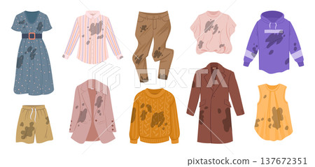 Dirty clothes. Cartoon stained wrinkled clothing, soiled dirty dress, coat and sweater flat vector illustration set. Stained dirty garments isolated on white background 137672351
