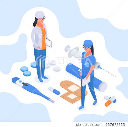 Isometric health care workers. Medical tools and hospital doctor characters, medical staff and health supplies flat illustration. Healthcare medical concept 137672355