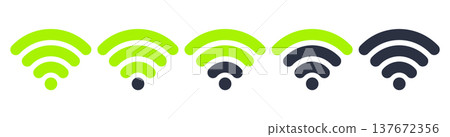Network wifi icons. Wifi signal strength levels, 5G and LTE wifi signs mobile phone flat vector illustration set. Smartphone wifi signal indicators 137672356