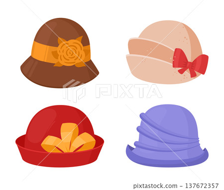 Retro female hats. Vintage elegant ladies hats, textile fashion accessories flat vector illustration set. Cartoon retro headwear collection isolated on white 137672357