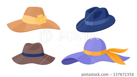Vintage hats. Cartoon retro male and female hats, elegant ladies and gentlemen fashion accessories flat vector illustration set. Retro headwear isolated on white 137672358