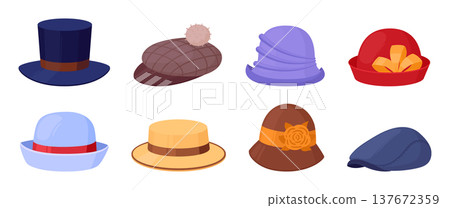 Vintage headwear. Retro male and female hats, ladies and gentlemen fashion accessories, cylinder, cloche and bowler hat, derby flat vector illustration set. Cartoon retro headwear isolated on white 137672359