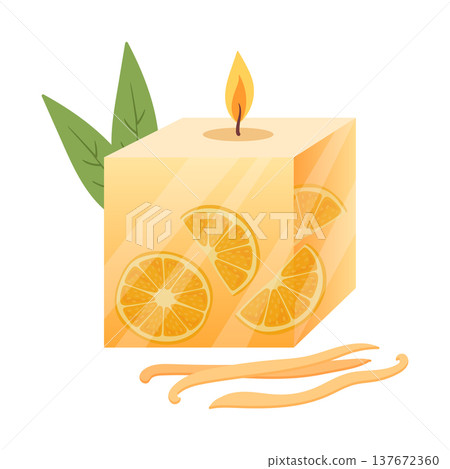 Wax aromatic candle. Cartoon natural ingredients cozy aroma candle, orange and vanilla decorated candle flat vector illustration. Candle home decor isolated on white background Wax aromatic candle. Cartoon natural ingredients cozy aroma candle, orange and vanilla decorated candle flat vector illustration. Candle home decor isolated on white background 137672360