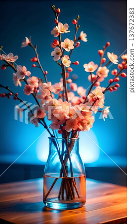 Spring cherry blossom branches in glass vase with blue neon light on wooden table. Artistic still life. For modern interior decor, lifestyle magazines, creative backgrounds, floral design, wall prints 137672383