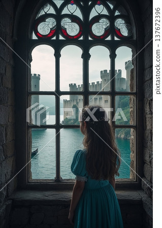 A girl looking out the window of a tower. 137672396