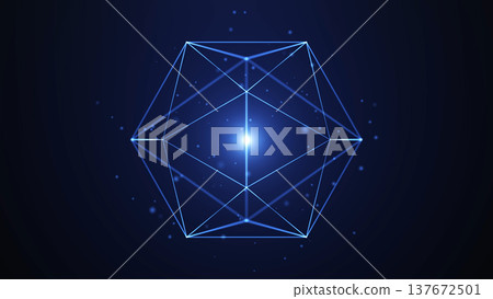 Futuristic wireframe geometric shape with glowing center on dark background. Abstract tech symbol with blue light, minimal digital structure and sci fi mood. 137672501