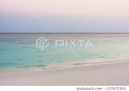 Serene tropical beach with soft pastel sunset colors and calm turquoise ocean. Minimal seascape background ideal for travel and relaxation concepts. 137672503
