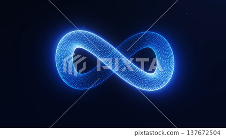 Glowing wireframe infinity symbol on dark background. Blue futuristic loop sign with digital mesh, luminous geometry and abstract technology style. Glowing wireframe infinity symbol on dark background. Blue futuristic loop sign with digital mesh, luminous geometry and abstract technology style. 137672504