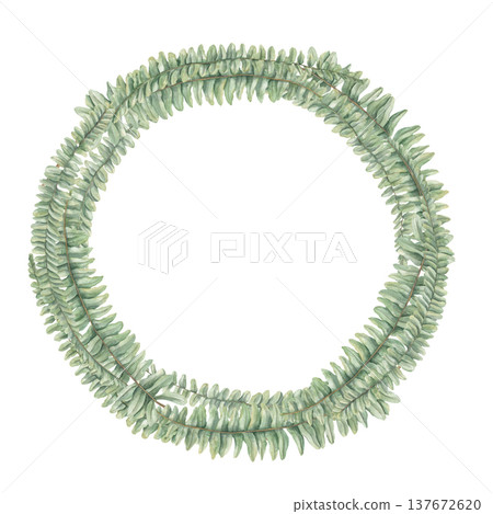 Watercolor Nephrolepis or Boston fern leaves wreath on isolated background. Decorative green plant circle border with copy space for text. Floral illustration for wedding invitation, thank you note Watercolor Nephrolepis or Boston fern leaves wreath on isolated background. Decorative green plant circle border with copy space for text. Floral illustration for wedding invitation, thank you note 137672620