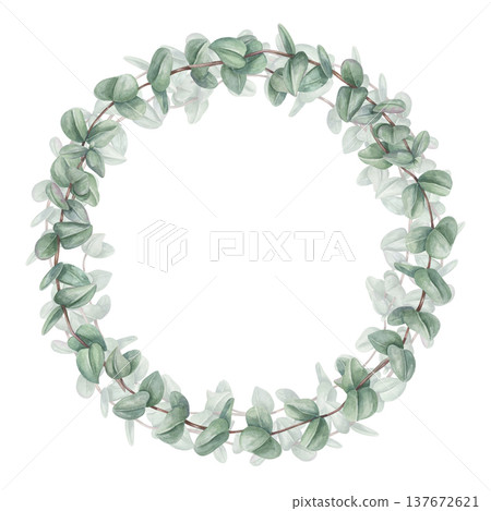 Watercolor green blue eucalyptus branch wreath on isolated background. Aromatic foliage frame with copy space for text. floral illustration for invitation, greeting cards, label, thank you note Watercolor green blue eucalyptus branch wreath on isolated background. Aromatic foliage frame with copy space for text. floral illustration for invitation, greeting cards, label, thank you note 137672621