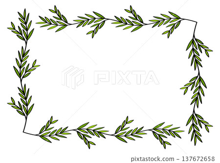 Hand drawn rectangular frame of branches and leaves from bushes and trees. Aesthetic border of evergreen plants. Ideal for decorating and framing flyers, greeting cards, covers, posters, invitations. 137672658