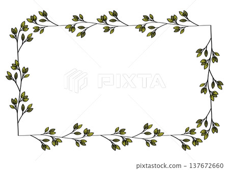 Hand drawn rectangular frame of branches and leaves from bushes and trees. Aesthetic border of evergreen plants. Ideal for decorating and framing flyers, greeting cards, covers, posters, invitations. 137672660
