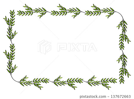 Hand drawn rectangular frame of branches and leaves from bushes and trees. Aesthetic border of evergreen plants. Ideal for decorating and framing flyers, greeting cards, covers, posters, invitations. Hand drawn rectangular frame of branches and leaves from bushes and trees. Aesthetic border of evergreen plants. Ideal for decorating and framing flyers, greeting cards, covers, posters, invitations. 137672663