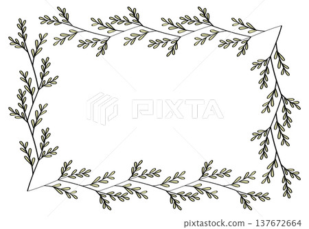 Hand drawn rectangular frame of branches and leaves from bushes and trees. Aesthetic border of evergreen plants. Ideal for decorating and framing flyers, greeting cards, covers, posters, invitations. 137672664