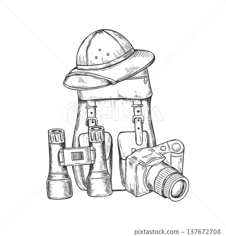 Travel and exploration accessories vector illustration. Classic backpack, safari hat on top, vintage-style camera and binoculars monochrome composition. Adventurer, wildlife researcher, photographer Travel and exploration accessories vector illustration. Classic backpack, safari hat on top, vintage-style camera and binoculars monochrome composition. Adventurer, wildlife researcher, photographer 137672708