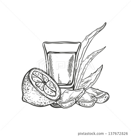 shot glass filled with herbal infusion and lime slices and aloe vera leaves monochrome vector composition. Fresh ingredients for making drinks, for bar menus, cocktail recipe cards shot glass filled with herbal infusion and lime slices and aloe vera leaves monochrome vector composition. Fresh ingredients for making drinks, for bar menus, cocktail recipe cards 137672826