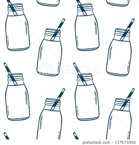 Doodle style seamless pattern with milk bottles and Mediterranean blue outlines. Clean hand-drawn vector repeat for organic dairy branding Doodle style seamless pattern with milk bottles and Mediterranean blue outlines. Clean hand-drawn vector repeat for organic dairy branding 137673000