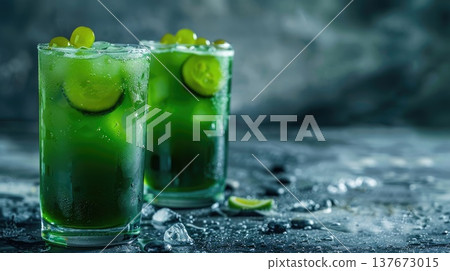 Two refreshing green cocktails with lime slices and ice cubes on a dark textured surface.  copy space, free space for text 137673015
