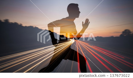 Double Exposure Runner Silhouette Motion Highway Portrait Double Exposure Runner Silhouette Motion Highway Portrait 137673022