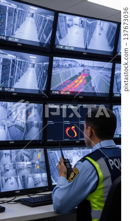 Security Guard Monitoring CCTV Screens in AI Data Center Control Room 137673036
