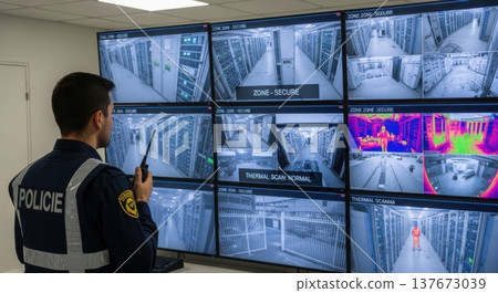 Security Guard Monitoring CCTV Screens in AI Data Center Control Room Security Guard Monitoring CCTV Screens in AI Data Center Control Room 137673039