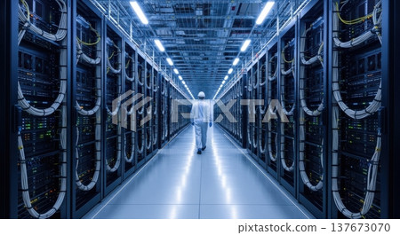 Massive Hyperscale AI Data Center Aisle with Technician Back View Massive Hyperscale AI Data Center Aisle with Technician Back View 137673070