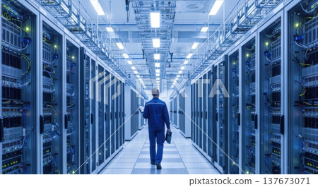 Massive Hyperscale AI Data Center Aisle with Technician Back View Massive Hyperscale AI Data Center Aisle with Technician Back View 137673071