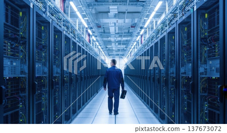 Massive Hyperscale AI Data Center Aisle with Technician Back View Massive Hyperscale AI Data Center Aisle with Technician Back View 137673072