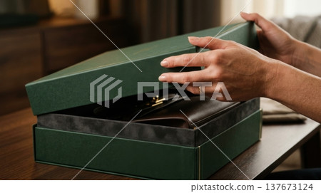 Close Up of Hands Lifting Lid of Premium Forest Green Box 137673124