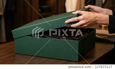 Close Up of Hands Lifting Lid of Premium Forest Green Box 137673127