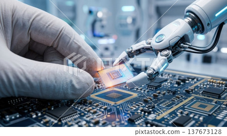 Human and Robot Arm Assembling Microchip in High Tech Cleanroom 137673128