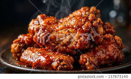 Macro of Spicy Glazed Chicken Wings with Steam and Gloss Macro of Spicy Glazed Chicken Wings with Steam and Gloss 137673140