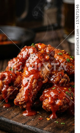 Macro of Spicy Glazed Chicken Wings with Steam and Gloss Macro of Spicy Glazed Chicken Wings with Steam and Gloss 137673146
