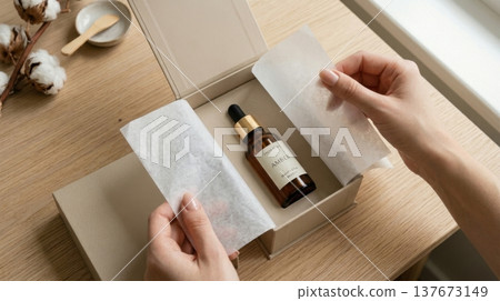 Hands Lifting Delicate Tissue Paper in Luxury Box Reveal Hands Lifting Delicate Tissue Paper in Luxury Box Reveal 137673149