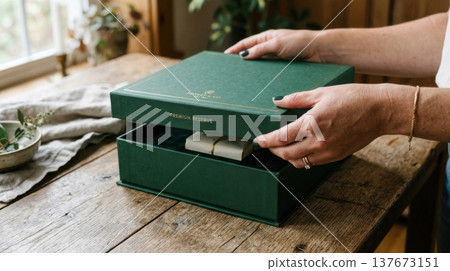 Close Up of Hands Lifting Lid of Premium Forest Green Box Close Up of Hands Lifting Lid of Premium Forest Green Box 137673151