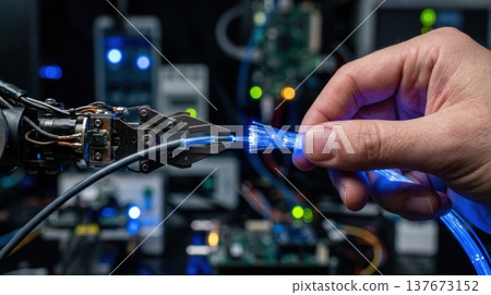 Robotic Arm and Human Hand Splicing Fiber Optic Cables 137673152