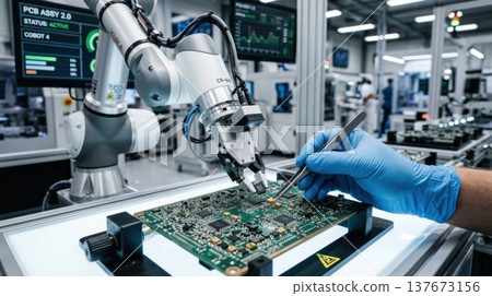Human and Robot Arm Assembling Microchip in High Tech Cleanroom 137673156