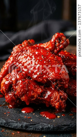 Macro of Spicy Glazed Chicken Wings with Steam and Gloss Macro of Spicy Glazed Chicken Wings with Steam and Gloss 137673157