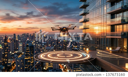 Modern Delivery Drone Landing on Retractable Balcony Port at Sunset 137673160
