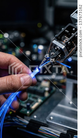 Robotic Arm and Human Hand Splicing Fiber Optic Cables 137673162