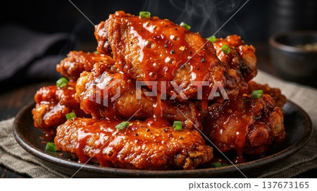 Macro of Spicy Glazed Chicken Wings with Steam and Gloss Macro of Spicy Glazed Chicken Wings with Steam and Gloss 137673165