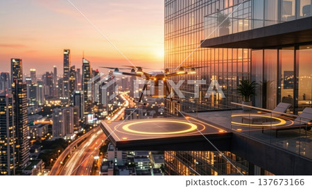 Modern Delivery Drone Landing on Retractable Balcony Port at Sunset Modern Delivery Drone Landing on Retractable Balcony Port at Sunset 137673166