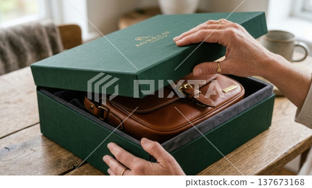 Close Up of Hands Lifting Lid of Premium Forest Green Box 137673168